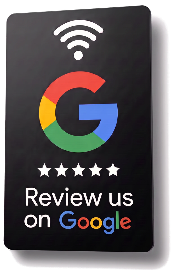 Close-up of the shoutout black NFC review card — Google logo, five gold stars and ‘Review us on Google’.