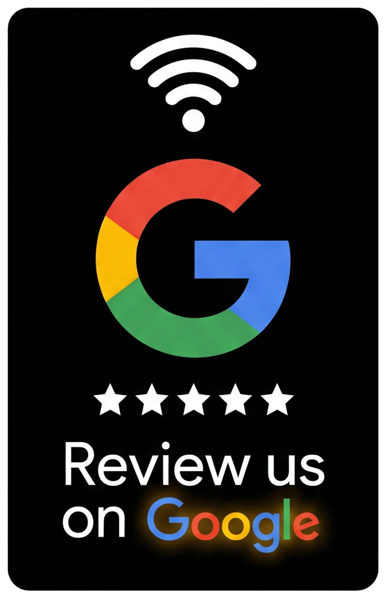 The black Shoutout NFC review card, straight-on