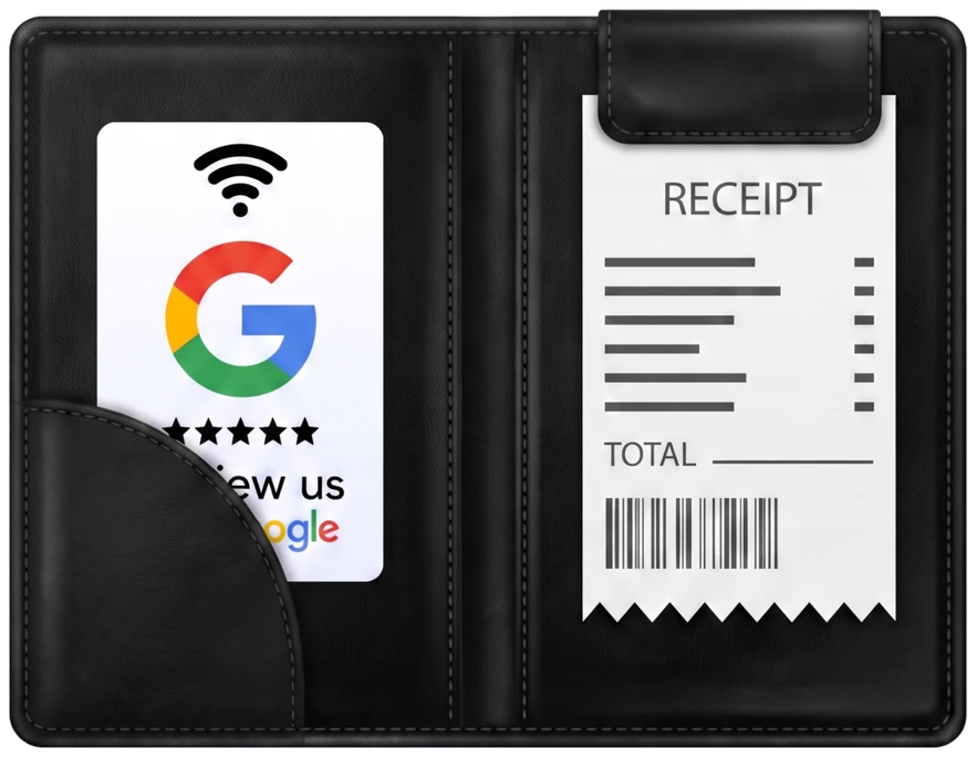 Shoutout review card placed inside a restaurant bill folder next to a receipt