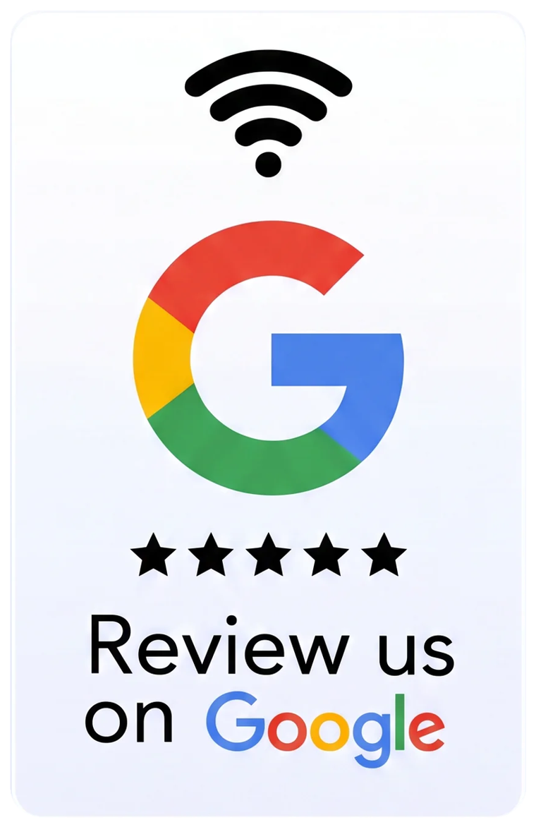 The white Shoutout NFC review card, straight-on