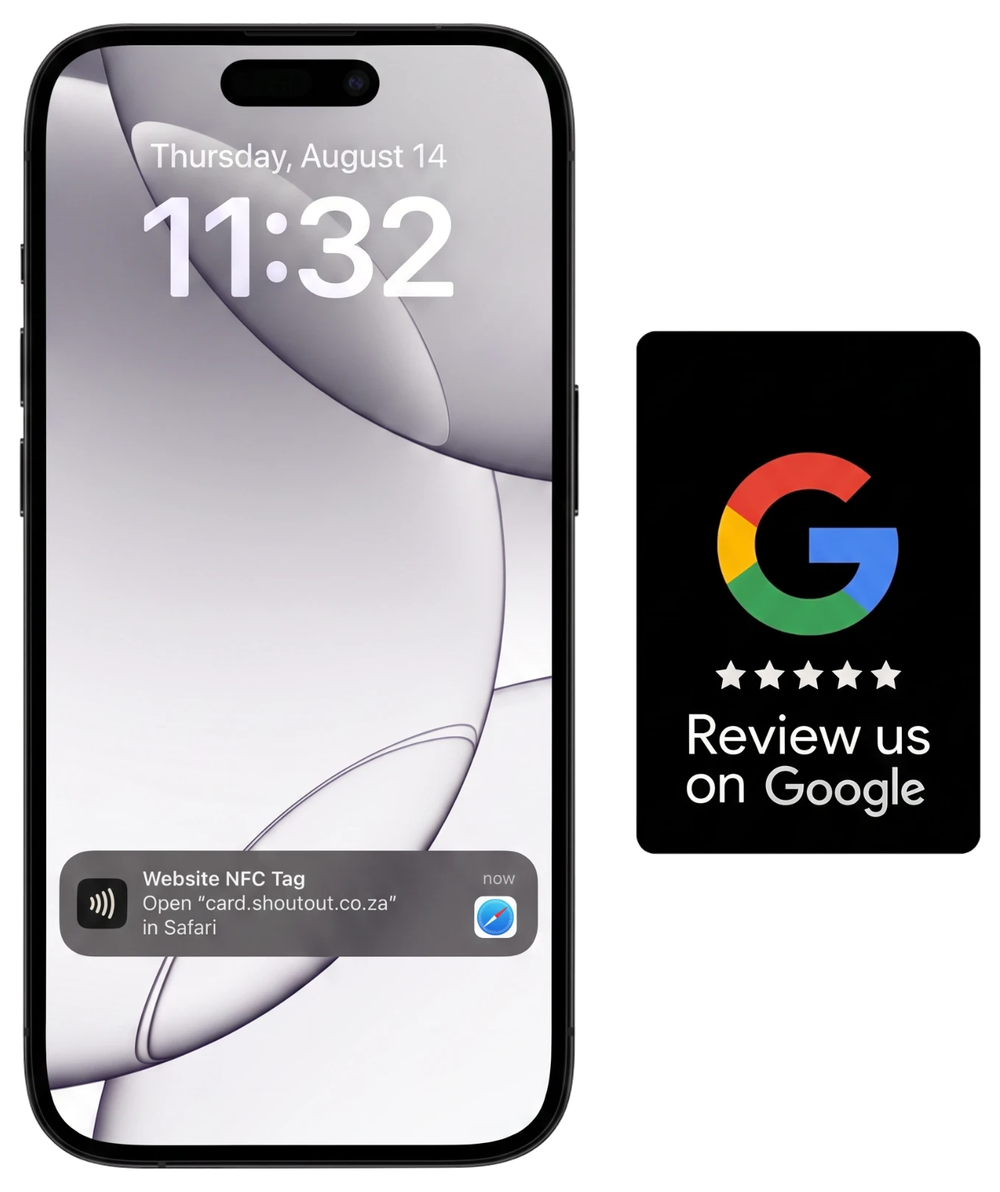 An iPhone lock screen showing an NFC tag notification for opening the review link, next to a black shoutout Review us on Google card.